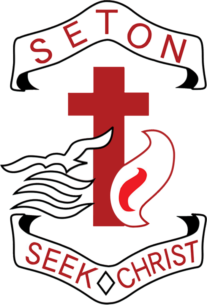 Seton Catholic College Logo. Red cross with Seton name and motto 'Seek Christ'